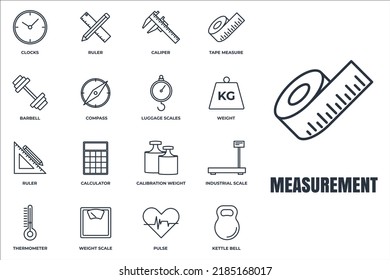 Set of Measuring icon logo vector illustration. measure, measurement pack symbol. kettle bell, ruler, weight scale and more template for graphic and web design collection