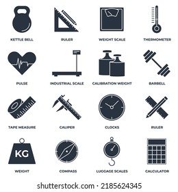 Set of Measuring icon logo vector illustration. measure, measurement pack symbol. kettle bell, ruler, weight scale and more template for graphic and web design collection