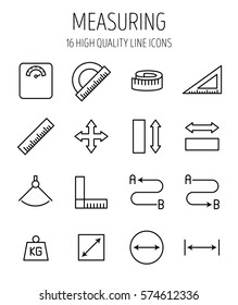 Set of measuring icons in modern thin line style. High quality black outline measure symbols for web site design and mobile apps. Simple measuring pictograms on a white background.