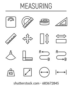 Set of measuring icons in modern thin line style. High quality black outline measure symbols for web site design and mobile apps. Simple measuring pictograms on a white background.