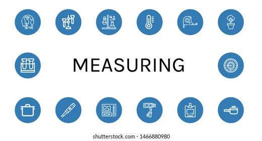Set of measuring icons such as Climate change, Test tube, Thermometer, Measuring tape, Pot, Stabilizer, Sugar blood level, Cooking pot, Barometer , measuring