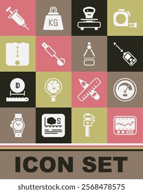 Set Measuring instrument, Speedometer, Laser distance measurer, Scales, spoon, Depth measurement, Syringe and Drawing compass icon. Vector