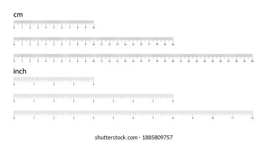 Set of measuring scale with cm and inches. Marking for the ruler in centimeters and inches . Ruler 10, 20, 30 centimeter and 4, 8, 12 inch. Measuring tool.