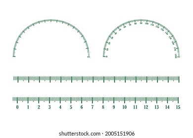 Set of measuring scale, markup for rulers and protractor. Inch green lines. Ruler icon symbol isolated on white background. Size indicator units. Calibration grid. Stock vector illustration