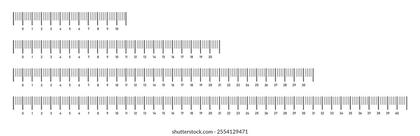 Set of measuring scale and ruler charts with 10,20, 30, 40 centimeters.Math or geometric tool for distance, height or length measurement with markup and numbers. Vector outline illustration