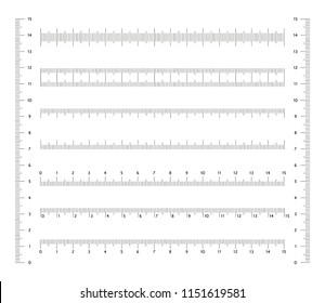 Set measuring scales for school ruler. Different variations of metric measurement readings in centimeters. Vector design elements on isolated background.