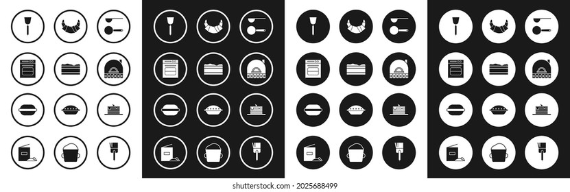 Set Measuring spoon, Brownie chocolate cake, Oven, Spatula, Brick stove, Croissant, Stack of pancakes and Macaron cookie icon. Vector
