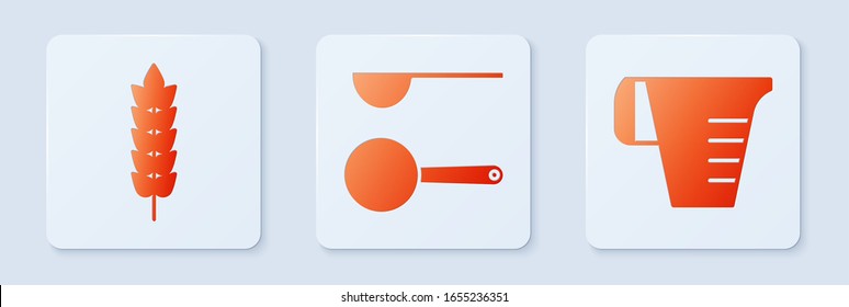 Set Measuring spoon , Cereals with rice, wheat, corn, oats, rye and Measuring cup. White square button. Vector