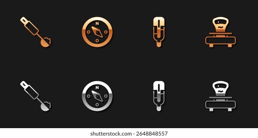 Conjunto de cuchara de medición, brújula, termómetro médico e icono de básculas. Vector