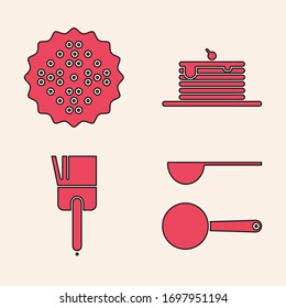 Set Measuring spoon , Cracker biscuit , Stack of pancakes  and Kitchen brush  icon. Vector