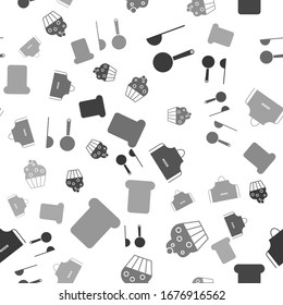Set Measuring spoon , Cupcake , Kitchen apron  and Bread toast on seamless pattern. Vector