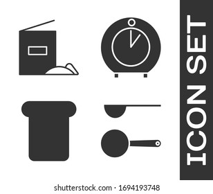 Set Measuring spoon , Flour pack , Bread toast and Kitchen timer  icon. Vector