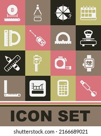 Set Measuring spoon, Smart watch, Scales, Circle of pieces, Laser distance measurer, Protractor and ruler, Diameter and  icon. Vector