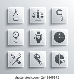 Set Measuring tape, Circle of pieces, Radius, Smart watch, Crossed ruler and pencil, Hand scale spring mechanical, Drawing compass and Micrometer icon. Vector - Powered by Shutterstock - Get 15% off with code: PIKWIZARD15