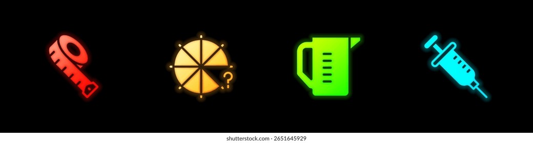 Set Measuring tape, Circle of pieces, cup and Syringe icon. Vector