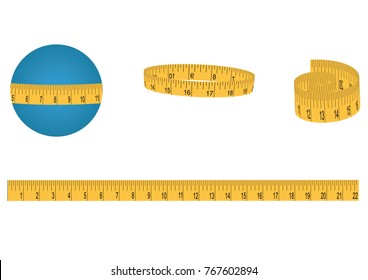 Set - measuring tape, yellow, on a roll and long - isolated on white background - art vector illustration