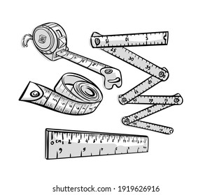 Set of Measuring tools. Hand drawn meusure tape and ruler in doodle, sketch style, isolated on white background. Vector illustration