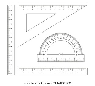 Set of measuring tools: ruler, triangle, protractor. Measurement of length, angle, degree. Mathematics measure, centimeter and millimeter. Vector illustration