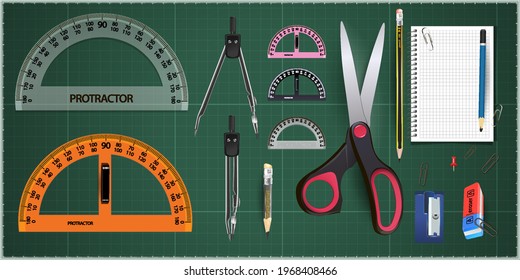 Set of measuring tools: rulers, triangles, protractor. Vector school instruments isolated on green background. Correct form and sizes.