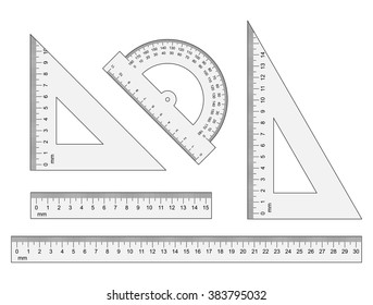 Set of measuring tools: rulers, triangles, protractor. Vector school  instruments isolated on white background. Correct form and sizes.  Metric system of measurements: centimeters and millimeters.