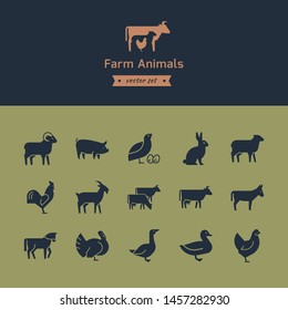 Set of meat animals icons with animals in profile. Vector collection made in retro style. Logos, badges and design elements.