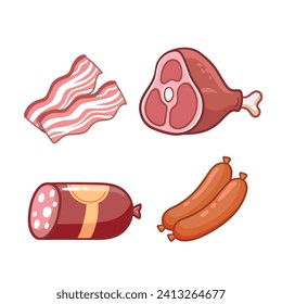 Set of meat - bacon, ham, beef, salami, sausages in cartoon style. Different meat cartoon products vector set. Leg with meat and bone vector illustration.