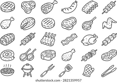 Set of meat and barbecue isometric line icons with barbecue restaurant culinary
