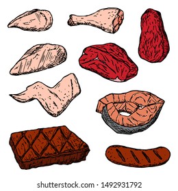 Set of meat. Chicken, beef, fish and grilled products. Vector cartoon illustrations. Isolated objects on a white background. Hand-drawn style.