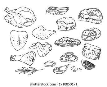 Set of meat. Chicken cuts, hen parts. Domestic bird meat set. Engraving sketch style. Isolated objects on a white background. Hand-drawn style.