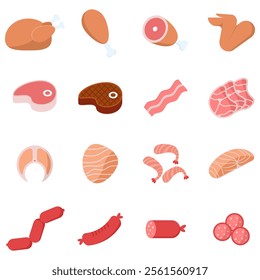 Set of meat, chicken, fish and sausages icon pack, healthy food illustrations flat design
