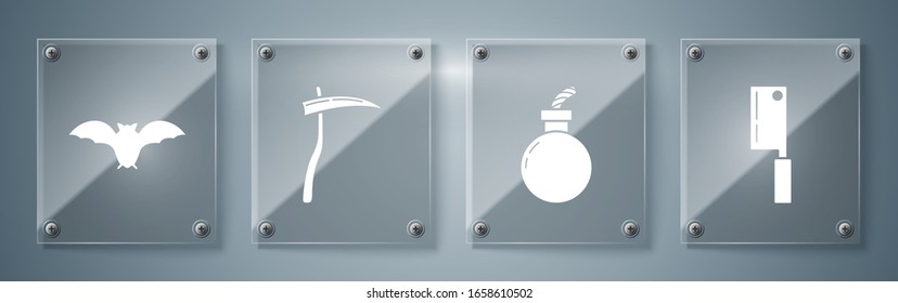 Set Meat chopper , Bomb ready to explode , Scythe  and Flying bat . Square glass panels. Vector