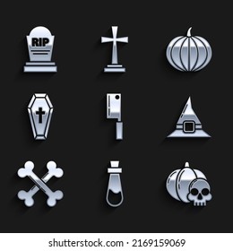 Set Meat chopper, Bottle with potion, Pumpkin and skull, Witch hat, Crossed bones, Coffin christian cross,  and Tombstone RIP icon. Vector