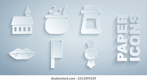 Set Meat chopper, Bottle with potion, Vampire teeth, Candy, Halloween witch cauldron and Castle icon. Vector