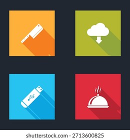 Set Meat chopper, Cloud download, USB flash drive and Covered with tray of food icon. Vector