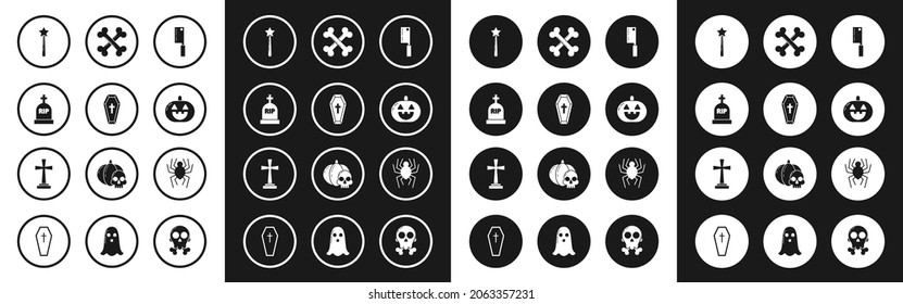 Set Meat chopper, Coffin with christian cross, Tombstone RIP, Magic wand, Pumpkin, Crossed bones, Spider and  icon. Vector