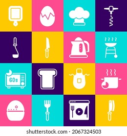 Set Meat chopper, Cooking pot, Barbecue grill, Chef hat, Knife, Kitchen ladle, Cutting board and Electric kettle icon. Vector