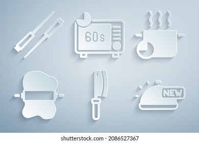 Set Meat chopper, Cooking pot, Rolling pin on dough, Covered with tray of food, Microwave oven and Food chopsticks icon. Vector
