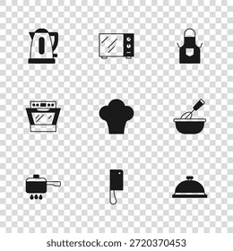 Set Fleischhacker, Kochwhisk mit Schüssel, überdachtes Tablett mit Lebensmitteln, Kochmütze, Küchenschürze, Wasserkocher, Mikrowellenofen und Backofen-Symbol. Vektorgrafik