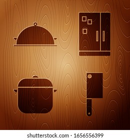 Set Meat chopper, Covered with a tray of food, Cooking pot and Refrigerator on wooden background. Vector