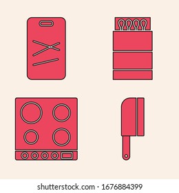 Set Meat chopper, Cutting board, Open matchbox and matches and Gas stove icon. Vector