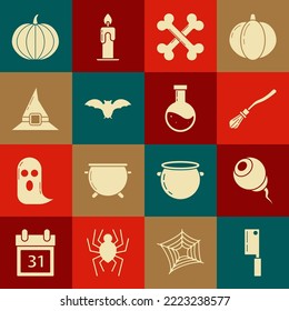 Set Meat chopper, Eye, Witches broom, Crossed bones, Flying bat, hat, Pumpkin and Bottle with potion icon. Vector