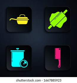 Set Meat chopper , Frying pan , Cooking pot and kitchen timer  and Rolling pin . Black square button. Vector