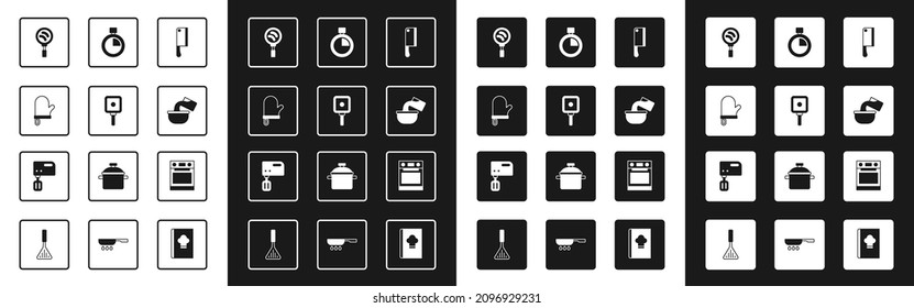 Set Meat chopper, Frying pan, Oven glove, Saucepan, Stopwatch,  and Electric mixer icon. Vector