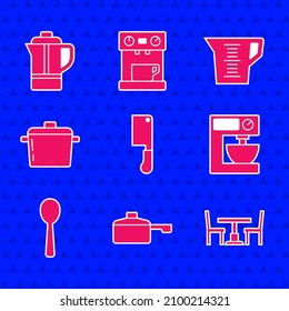 Set Fleischchopper, Bratpfanne, Holztisch mit Stuhl, Elektrischer Mixer, Löffel, Kochtopf, Messbecher und Teekocher Ikone. Vektorgrafik