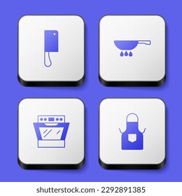 Set Meat chopper, Frying pan on fire, Oven and Kitchen apron icon. White square button. Vector