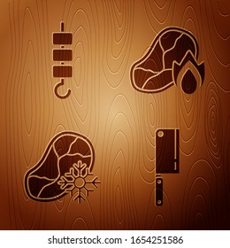 Set Meat chopper, Grilled shish kebab on skewer stick, Fresh frozen steak meat and Grilled steak meat and fire flame on wooden background. Vector