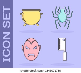 Set Meat chopper , Halloween witch cauldron , Vampire  and Spider  icon. Vector