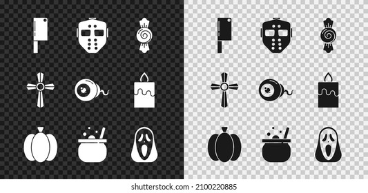 Set Meat chopper, Hockey mask, Candy, Pumpkin, Halloween witch cauldron, Funny scary ghost, Tombstone with cross and Eye icon. Vector