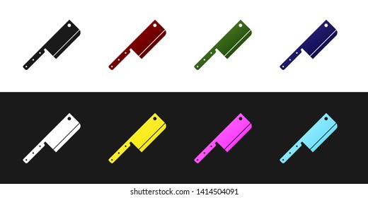 Set Meat chopper icon isolated on black and white background. Kitchen knife for meat. Butcher knife. Vector Illustration