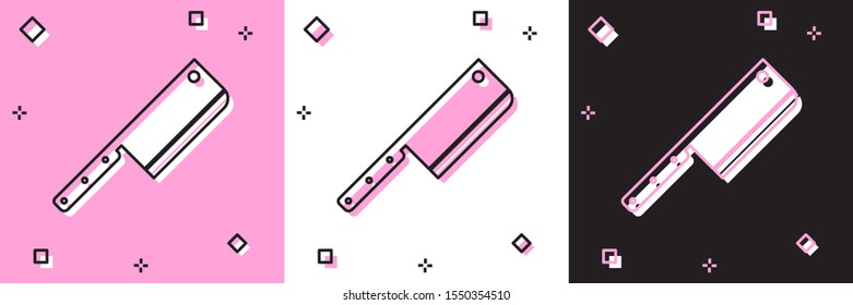 Set Meat chopper icon isolated on pink and white, black background. Kitchen knife for meat. Butcher knife.  Vector Illustration